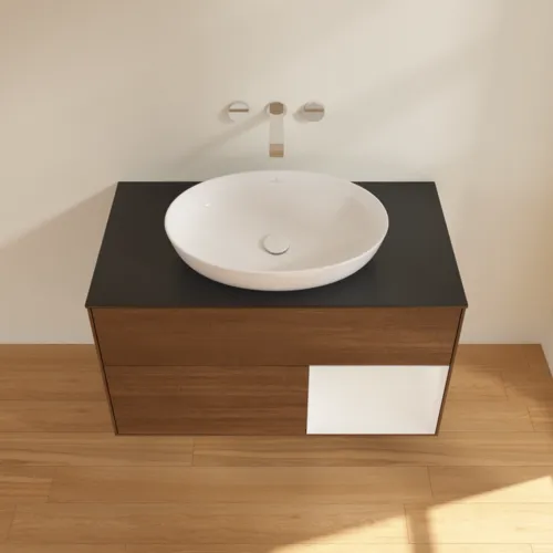 Bild von VILLEROY BOCH Finion Waschbeckenunterschrank, mit Beleuchtung, 2 Auszüge, 1000 x 603 x 501 mm, Walnut Veneer / Glossy White Lacquer / Glass Black Matt #FA22GFGN