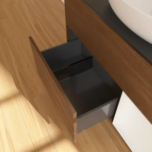Bild von VILLEROY BOCH Finion Waschbeckenunterschrank, mit Beleuchtung, 2 Auszüge, 1000 x 603 x 501 mm, Walnut Veneer / Glossy White Lacquer / Glass Black Matt #FA22GFGN