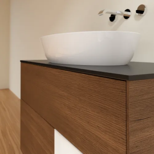 Bild von VILLEROY BOCH Finion Waschbeckenunterschrank, mit Beleuchtung, 2 Auszüge, 1000 x 603 x 501 mm, Walnut Veneer / Glossy White Lacquer / Glass Black Matt #FA22GFGN