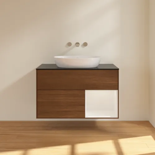 Bild von VILLEROY BOCH Finion Waschbeckenunterschrank, mit Beleuchtung, 2 Auszüge, 1000 x 603 x 501 mm, Walnut Veneer / Glossy White Lacquer / Glass Black Matt #FA22GFGN