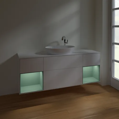 VILLEROY BOCH Finion Waschbeckenunterschrank, mit Beleuchtung, 4 Auszüge, 1600 x 603 x 501 mm, White Matt Lacquer / Olive Matt Lacquer / Glass White Matt #F981GMMT, Bild 5