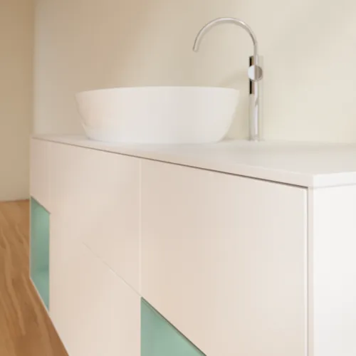VILLEROY BOCH Finion Waschbeckenunterschrank, mit Beleuchtung, 4 Auszüge, 1600 x 603 x 501 mm, White Matt Lacquer / Olive Matt Lacquer / Glass White Matt #F981GMMT, Bild 6