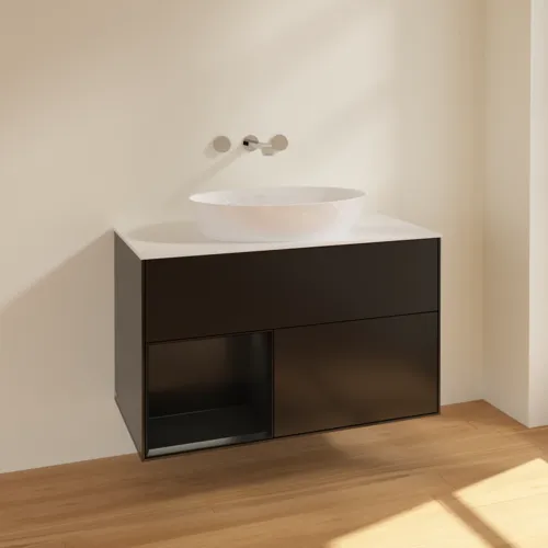 Bild von VILLEROY BOCH Finion Waschbeckenunterschrank, mit Beleuchtung, 2 Auszüge, 1000 x 603 x 501 mm, Black Matt Lacquer / Black Matt Lacquer / Glass White Matt #FA11PDPD