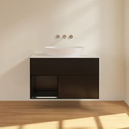 Bild von VILLEROY BOCH Finion Waschbeckenunterschrank, mit Beleuchtung, 2 Auszüge, 1000 x 603 x 501 mm, Black Matt Lacquer / Black Matt Lacquer / Glass White Matt #FA11PDPD