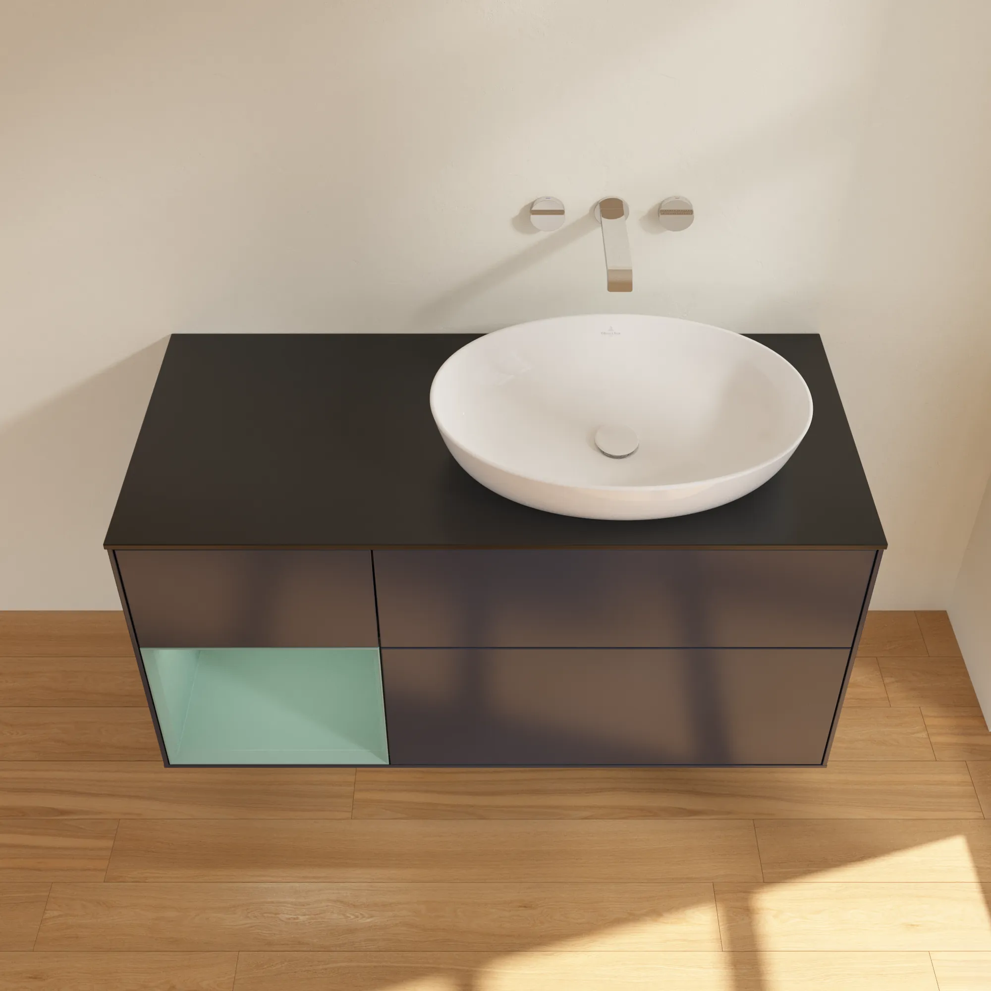 Picture of VILLEROY BOCH Finion Vanity unit, with lighting, 3 pull-out compartments, 1200 x 603 x 501 mm, Midnight Blue Matt Lacquer / Olive Matt Lacquer / Glass Black Matt #FA42GMHG