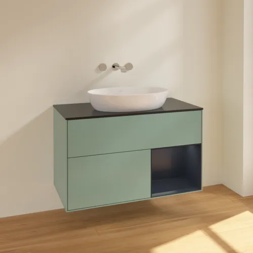 Bild von VILLEROY BOCH Finion Waschbeckenunterschrank, mit Beleuchtung, 2 Auszüge, 1000 x 603 x 501 mm, Olive Matt Lacquer / Midnight Blue Matt Lacquer / Glass Black Matt #FA22HGGM