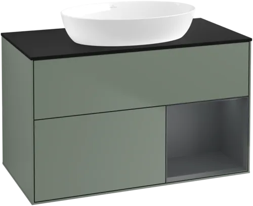 Picture of VILLEROY BOCH Finion Vanity unit, with lighting, 2 pull-out compartments, 1000 x 603 x 501 mm, Olive Matt Lacquer / Midnight Blue Matt Lacquer / Glass Black Matt #FA22HGGM