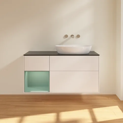 VILLEROY BOCH Finion Waschbeckenunterschrank, mit Beleuchtung, 3 Auszüge, 1200 x 603 x 501 mm, White Matt Lacquer / Olive Matt Lacquer / Glass Black Matt #FA42GMMT, Bild 3