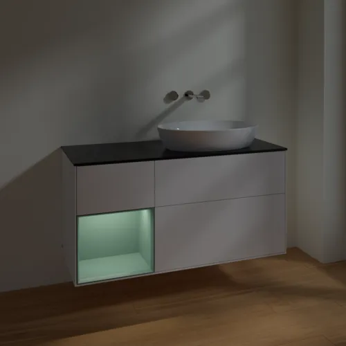 VILLEROY BOCH Finion Waschbeckenunterschrank, mit Beleuchtung, 3 Auszüge, 1200 x 603 x 501 mm, White Matt Lacquer / Olive Matt Lacquer / Glass Black Matt #FA42GMMT, Bild 5