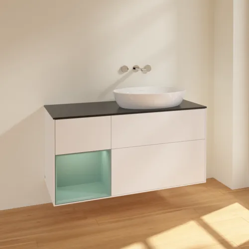 VILLEROY BOCH Finion Waschbeckenunterschrank, mit Beleuchtung, 3 Auszüge, 1200 x 603 x 501 mm, White Matt Lacquer / Olive Matt Lacquer / Glass Black Matt #FA42GMMT, Bild 2