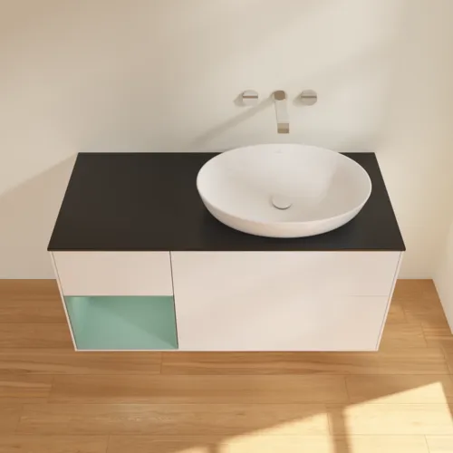 VILLEROY BOCH Finion Waschbeckenunterschrank, mit Beleuchtung, 3 Auszüge, 1200 x 603 x 501 mm, White Matt Lacquer / Olive Matt Lacquer / Glass Black Matt #FA42GMMT, Bild 4