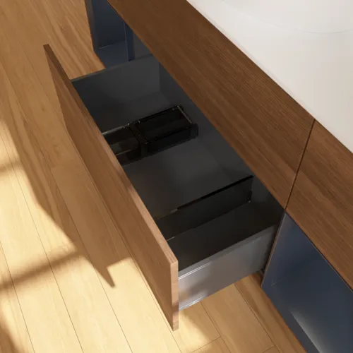 VILLEROY BOCH Finion Waschbeckenunterschrank, mit Beleuchtung, 4 Auszüge, 1600 x 603 x 501 mm, Walnut Veneer / Midnight Blue Matt Lacquer / Glass White Matt #F981HGGN, Bild 2