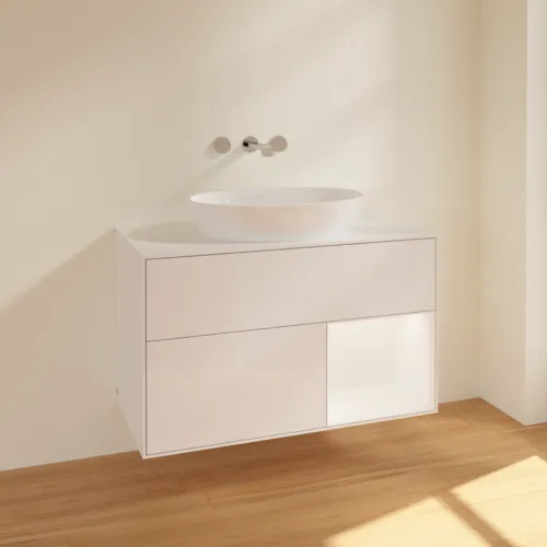 Bild von VILLEROY BOCH Finion Waschbeckenunterschrank, mit Beleuchtung, 2 Auszüge, 1000 x 603 x 501 mm, Glossy White Lacquer / White Matt Lacquer / Glass White Matt #FA21MTGF