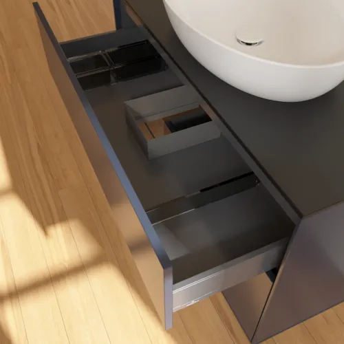 Bild von VILLEROY BOCH Finion Waschbeckenunterschrank, mit Beleuchtung, 2 Auszüge, 1000 x 603 x 501 mm, Midnight Blue Matt Lacquer / Walnut Veneer / Glass Black Matt #FA12GNHG