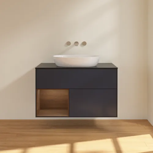 Bild von VILLEROY BOCH Finion Waschbeckenunterschrank, mit Beleuchtung, 2 Auszüge, 1000 x 603 x 501 mm, Midnight Blue Matt Lacquer / Walnut Veneer / Glass Black Matt #FA12GNHG