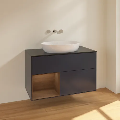 Bild von VILLEROY BOCH Finion Waschbeckenunterschrank, mit Beleuchtung, 2 Auszüge, 1000 x 603 x 501 mm, Midnight Blue Matt Lacquer / Walnut Veneer / Glass Black Matt #FA12GNHG