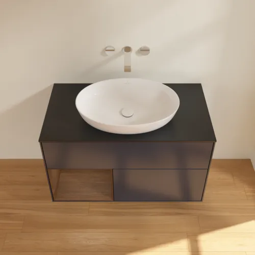 Bild von VILLEROY BOCH Finion Waschbeckenunterschrank, mit Beleuchtung, 2 Auszüge, 1000 x 603 x 501 mm, Midnight Blue Matt Lacquer / Walnut Veneer / Glass Black Matt #FA12GNHG