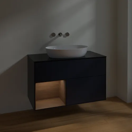Bild von VILLEROY BOCH Finion Waschbeckenunterschrank, mit Beleuchtung, 2 Auszüge, 1000 x 603 x 501 mm, Midnight Blue Matt Lacquer / Walnut Veneer / Glass Black Matt #FA12GNHG