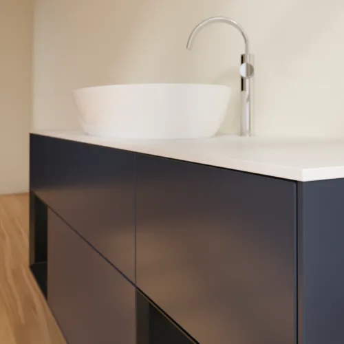 Bild von VILLEROY BOCH Finion Waschbeckenunterschrank, mit Beleuchtung, 4 Auszüge, 1600 x 603 x 501 mm, Midnight Blue Matt Lacquer / Black Matt Lacquer / Glass White Matt #F981PDHG