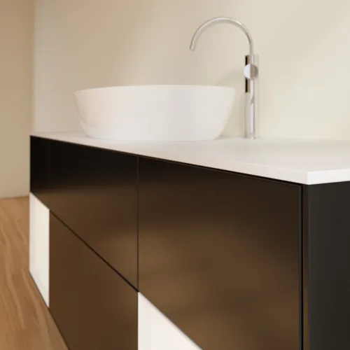 Bild von VILLEROY BOCH Finion Waschbeckenunterschrank, mit Beleuchtung, 4 Auszüge, 1600 x 603 x 501 mm, Black Matt Lacquer / White Matt Lacquer / Glass White Matt #F981MTPD