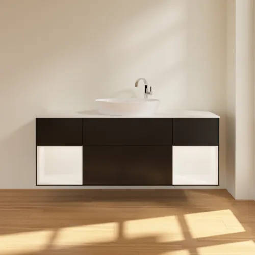 Bild von VILLEROY BOCH Finion Waschbeckenunterschrank, mit Beleuchtung, 4 Auszüge, 1600 x 603 x 501 mm, Black Matt Lacquer / White Matt Lacquer / Glass White Matt #F981MTPD