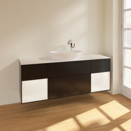 Bild von VILLEROY BOCH Finion Waschbeckenunterschrank, mit Beleuchtung, 4 Auszüge, 1600 x 603 x 501 mm, Black Matt Lacquer / White Matt Lacquer / Glass White Matt #F981MTPD