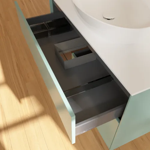 Picture of VILLEROY BOCH Finion Vanity unit, with lighting, 2 pull-out compartments, 1000 x 603 x 501 mm, Olive Matt Lacquer / Walnut Veneer / Glass White Matt #FA11GNGM