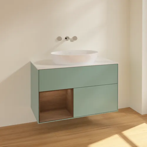 Picture of VILLEROY BOCH Finion Vanity unit, with lighting, 2 pull-out compartments, 1000 x 603 x 501 mm, Olive Matt Lacquer / Walnut Veneer / Glass White Matt #FA11GNGM