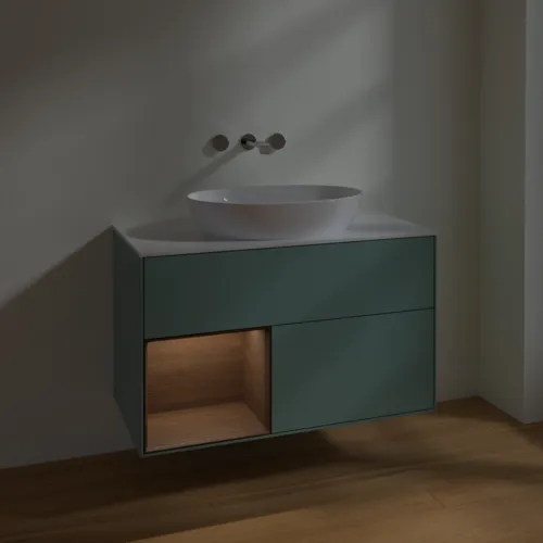 Picture of VILLEROY BOCH Finion Vanity unit, with lighting, 2 pull-out compartments, 1000 x 603 x 501 mm, Olive Matt Lacquer / Walnut Veneer / Glass White Matt #FA11GNGM