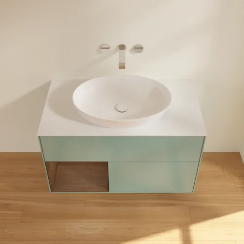 Picture of VILLEROY BOCH Finion Vanity unit, with lighting, 2 pull-out compartments, 1000 x 603 x 501 mm, Olive Matt Lacquer / Walnut Veneer / Glass White Matt #FA11GNGM