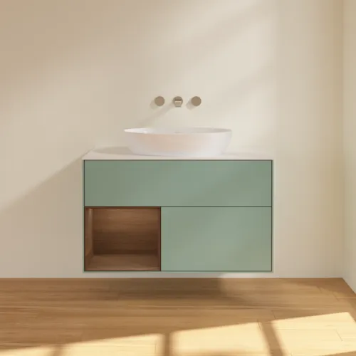 Picture of VILLEROY BOCH Finion Vanity unit, with lighting, 2 pull-out compartments, 1000 x 603 x 501 mm, Olive Matt Lacquer / Walnut Veneer / Glass White Matt #FA11GNGM