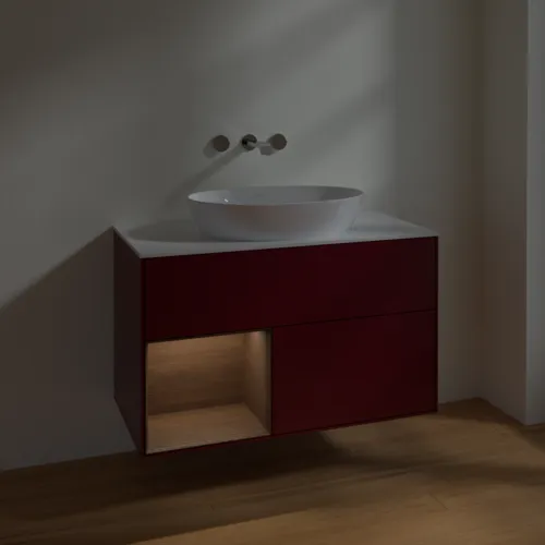 Obrázek VILLEROY BOCH Finion Vanity unit, with lighting, 2 pull-out compartments, 1000 x 603 x 501 mm, Peony Matt Lacquer / Walnut Veneer / Glass White Matt #FA11GNHB