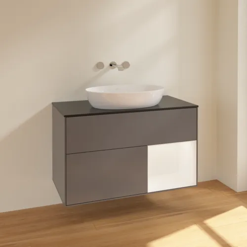 Obrázek VILLEROY BOCH Finion Vanity unit, with lighting, 2 pull-out compartments, 1000 x 603 x 501 mm, Anthracite Matt Lacquer / White Matt Lacquer / Glass Black Matt #FA22MTGK