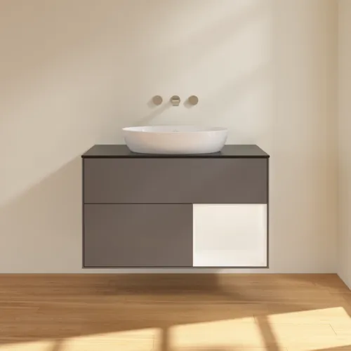 Obrázek VILLEROY BOCH Finion Vanity unit, with lighting, 2 pull-out compartments, 1000 x 603 x 501 mm, Anthracite Matt Lacquer / White Matt Lacquer / Glass Black Matt #FA22MTGK