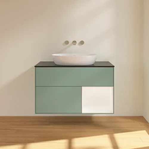 Bild von VILLEROY BOCH Finion Waschbeckenunterschrank, mit Beleuchtung, 2 Auszüge, 1000 x 603 x 501 mm, Olive Matt Lacquer / White Matt Lacquer / Glass Black Matt #FA22MTGM