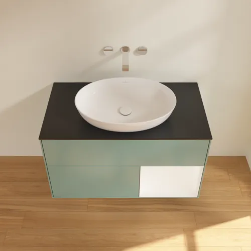 Bild von VILLEROY BOCH Finion Waschbeckenunterschrank, mit Beleuchtung, 2 Auszüge, 1000 x 603 x 501 mm, Olive Matt Lacquer / White Matt Lacquer / Glass Black Matt #FA22MTGM