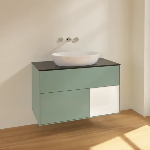 Bild von VILLEROY BOCH Finion Waschbeckenunterschrank, mit Beleuchtung, 2 Auszüge, 1000 x 603 x 501 mm, Olive Matt Lacquer / White Matt Lacquer / Glass Black Matt #FA22MTGM