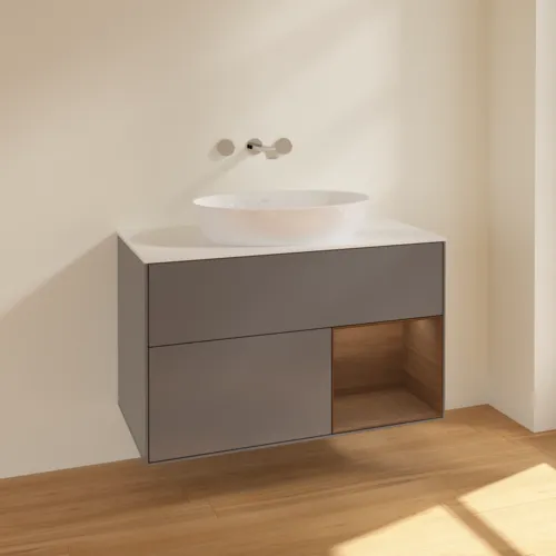 Bild von VILLEROY BOCH Finion Waschbeckenunterschrank, mit Beleuchtung, 2 Auszüge, 1000 x 603 x 501 mm, Anthracite Matt Lacquer / Walnut Veneer / Glass White Matt #FA21GNGK