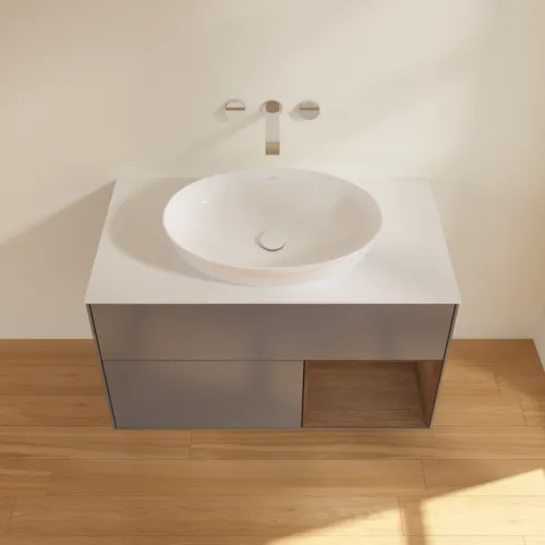 Bild von VILLEROY BOCH Finion Waschbeckenunterschrank, mit Beleuchtung, 2 Auszüge, 1000 x 603 x 501 mm, Anthracite Matt Lacquer / Walnut Veneer / Glass White Matt #FA21GNGK