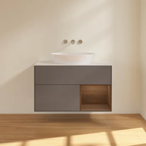 Bild von VILLEROY BOCH Finion Waschbeckenunterschrank, mit Beleuchtung, 2 Auszüge, 1000 x 603 x 501 mm, Anthracite Matt Lacquer / Walnut Veneer / Glass White Matt #FA21GNGK