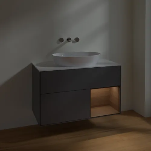 Bild von VILLEROY BOCH Finion Waschbeckenunterschrank, mit Beleuchtung, 2 Auszüge, 1000 x 603 x 501 mm, Anthracite Matt Lacquer / Walnut Veneer / Glass White Matt #FA21GNGK