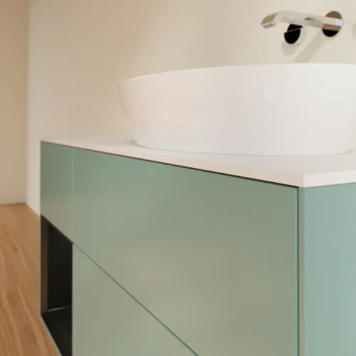 Bild von VILLEROY BOCH Finion Waschbeckenunterschrank, mit Beleuchtung, 3 Auszüge, 1200 x 603 x 501 mm, Olive Matt Lacquer / Black Matt Lacquer / Glass White Matt #FA41PDGM