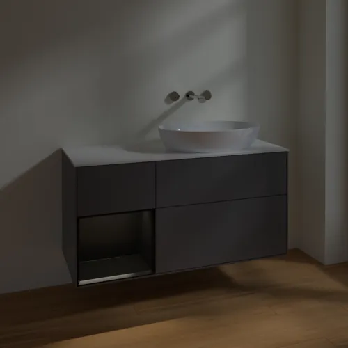 Bild von VILLEROY BOCH Finion Waschbeckenunterschrank, mit Beleuchtung, 3 Auszüge, 1200 x 603 x 501 mm, Anthracite Matt Lacquer / Black Matt Lacquer / Glass White Matt #FA41PDGK