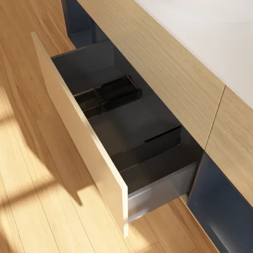 Bild von VILLEROY BOCH Finion Waschbeckenunterschrank, mit Beleuchtung, 4 Auszüge, 1600 x 603 x 501 mm, Oak Veneer / Midnight Blue Matt Lacquer / Glass White Matt #F981HGPC