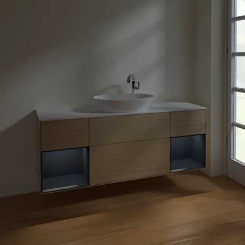Bild von VILLEROY BOCH Finion Waschbeckenunterschrank, mit Beleuchtung, 4 Auszüge, 1600 x 603 x 501 mm, Oak Veneer / Midnight Blue Matt Lacquer / Glass White Matt #F981HGPC