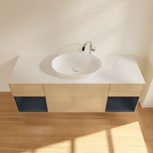Bild von VILLEROY BOCH Finion Waschbeckenunterschrank, mit Beleuchtung, 4 Auszüge, 1600 x 603 x 501 mm, Oak Veneer / Midnight Blue Matt Lacquer / Glass White Matt #F981HGPC
