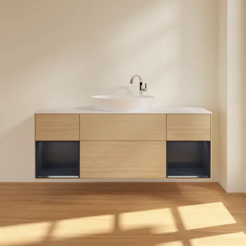 Bild von VILLEROY BOCH Finion Waschbeckenunterschrank, mit Beleuchtung, 4 Auszüge, 1600 x 603 x 501 mm, Oak Veneer / Midnight Blue Matt Lacquer / Glass White Matt #F981HGPC