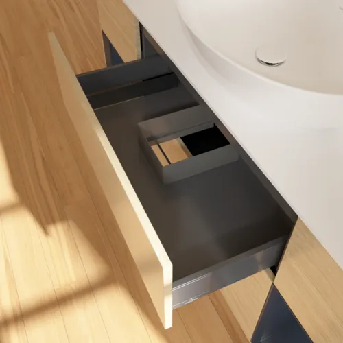 Bild von VILLEROY BOCH Finion Waschbeckenunterschrank, mit Beleuchtung, 4 Auszüge, 1600 x 603 x 501 mm, Oak Veneer / Midnight Blue Matt Lacquer / Glass White Matt #F981HGPC