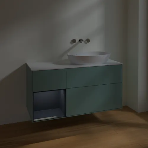 VILLEROY BOCH Finion Waschbeckenunterschrank, mit Beleuchtung, 3 Auszüge, 1200 x 603 x 501 mm, Olive Matt Lacquer / Midnight Blue Matt Lacquer / Glass White Matt #FA41HGGM, Bild 5