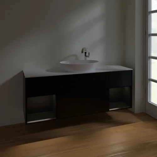 Obrázek VILLEROY BOCH Finion Vanity unit, with lighting, 4 pull-out compartments, 1600 x 603 x 501 mm, Black Matt Lacquer / Black Matt Lacquer / Glass White Matt #F981PDPD